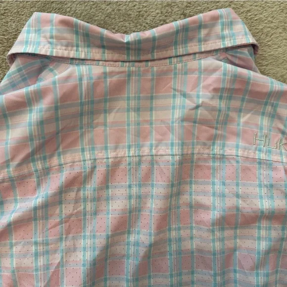 Men’s HUK Tide Point Short Sleeve Button-Down small blue pink white fishing - Picture 2 of 4